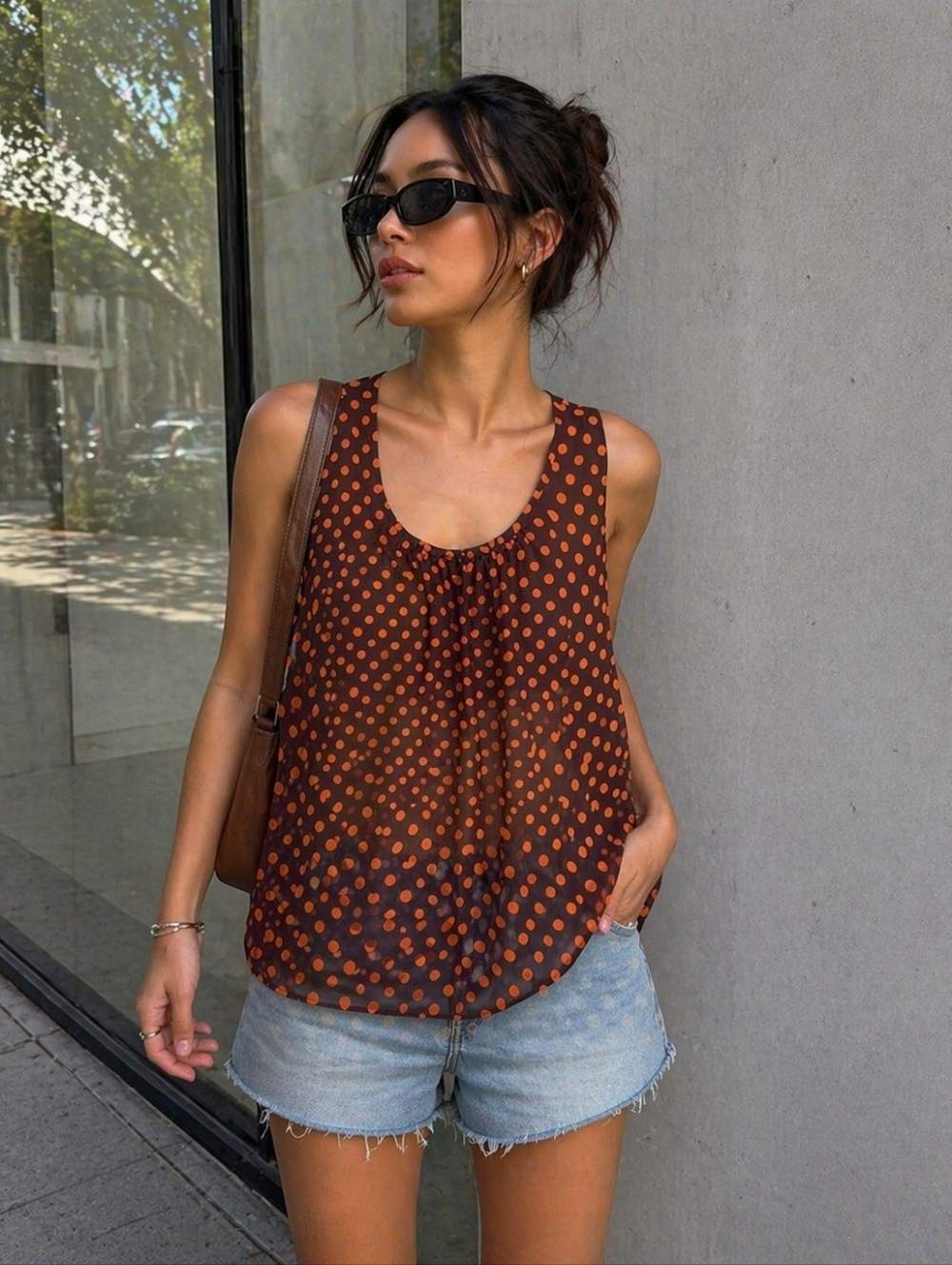 Brown Orange Polka Dot Sheer Sleeveless Blouse Flowy Loose Top